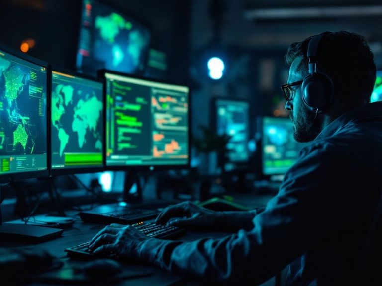 Cybersecurity-Experte analysiert Computerbildschirme in dunklem Raum.