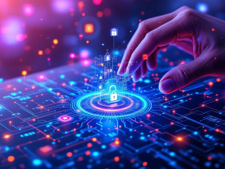 Moderne digitale Landschaft mit Cybersicherheitselementen.