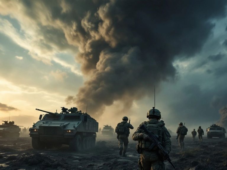 Militärübung mit Soldaten und gepanzerten Fahrzeugen.