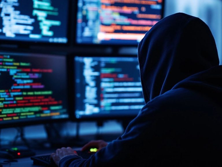 Hacker im Hoodie vor Computerbildschirmen.