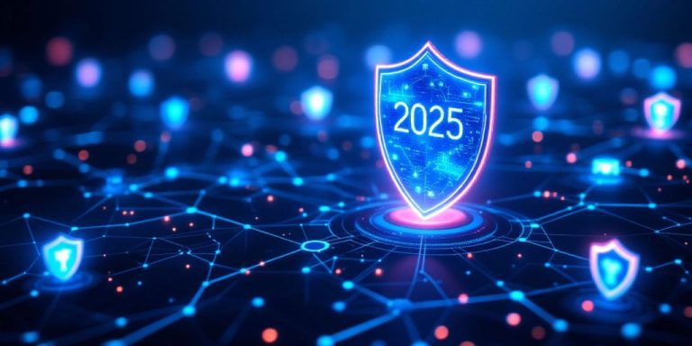 Futuristische digitale Landschaft mit Schutzschilden und Knoten.
